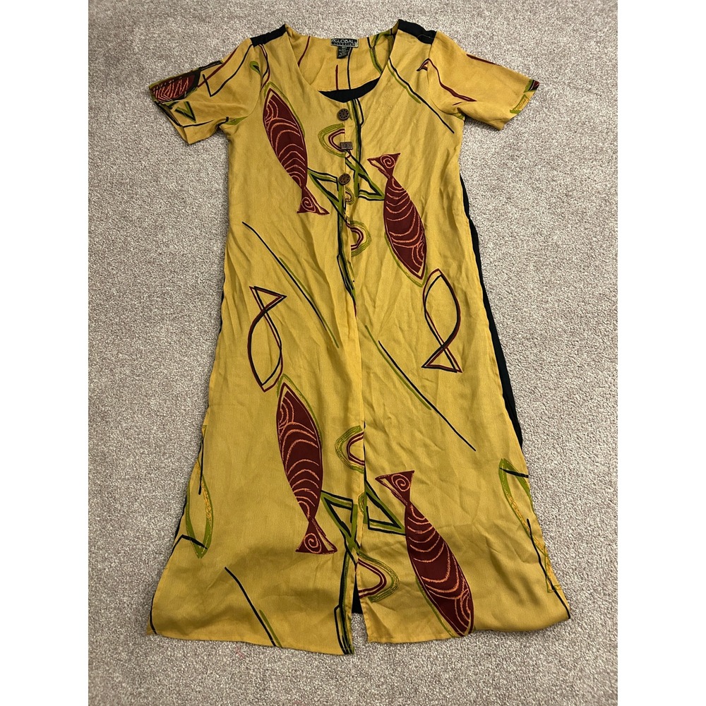 South Asian Kameez Global Illusion Dress Womens S Yellow‎ Fish Print Excellent